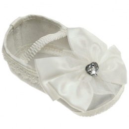 Baby Girls Ivory Sparkly Heart Bow Satin Pram Shoes